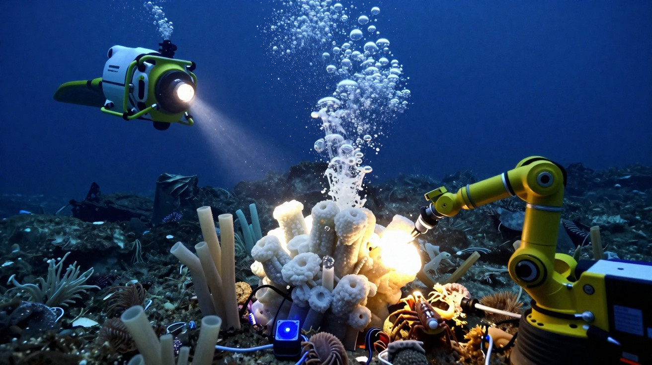 Robo subaquático com luzes e braço mecânico a explorar recife de coral no fundo do mar.
