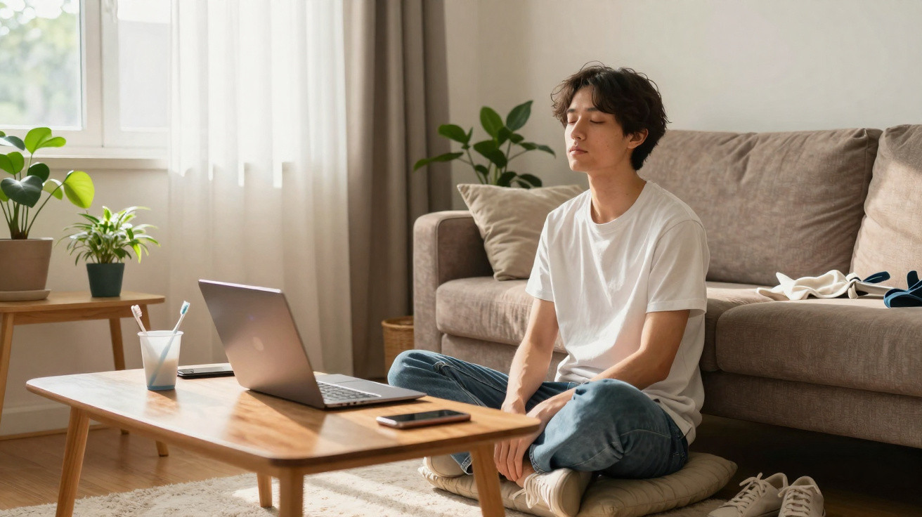 Jovem sentado de pernas cruzadas a meditar no chão da sala, ao lado de um computador portátil.