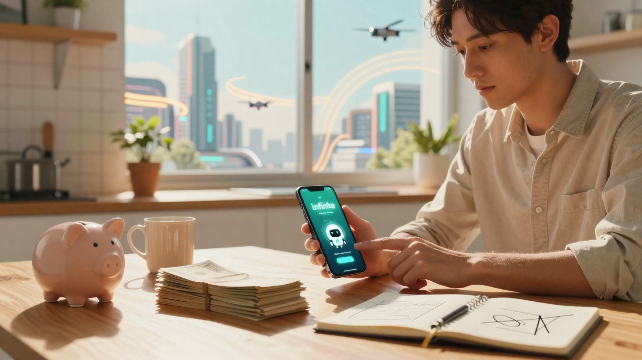 Jovem numa mesa com notas de dólar, cofrinho, livro com gráfico e telemóvel a mostrar app financeira.