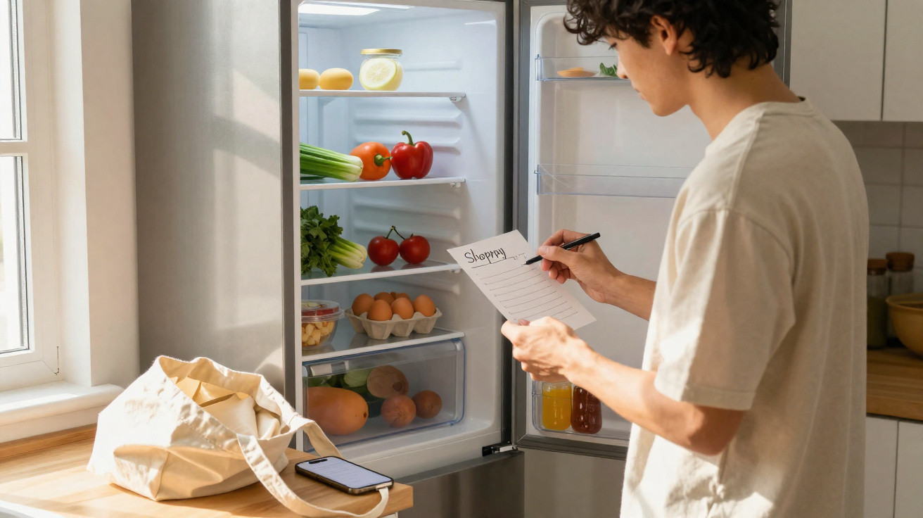 Homem a verificar lista de compras em frente ao frigorífico aberto numa cozinha moderna.