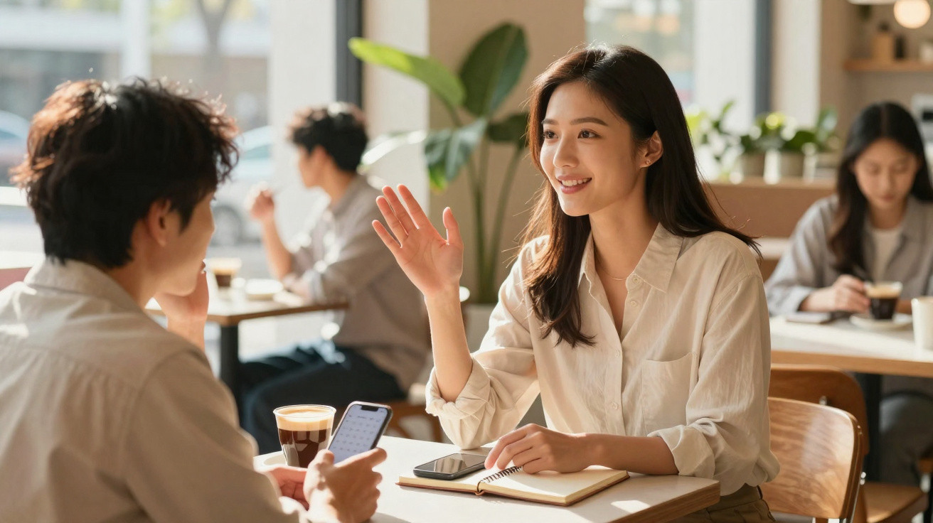 Duas pessoas a conversarem numa cafetaria, com uma com telefone e chá à mesa, ambiente iluminado e relaxado.