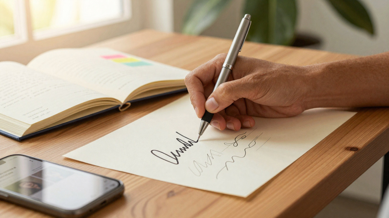 Pessoa a escrever num papel colocado sobre uma mesa de madeira, com um livro e telemóvel ao fundo.
