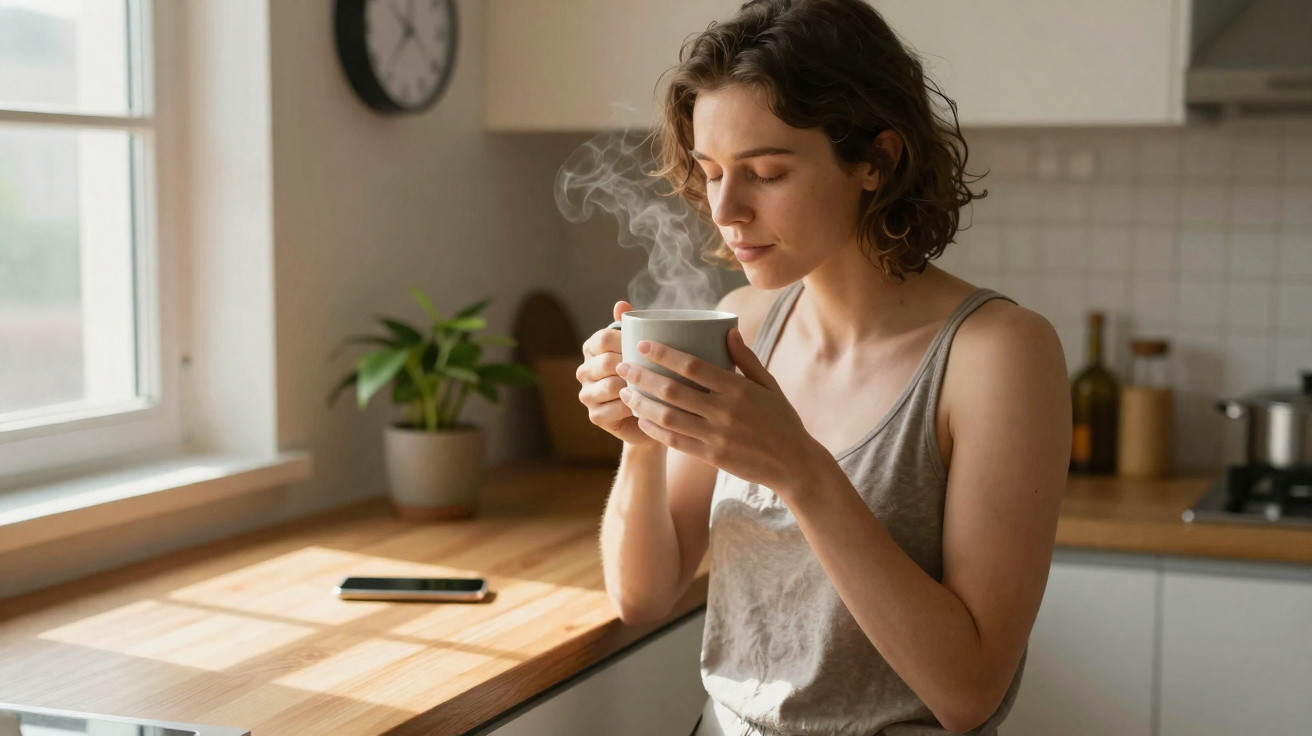 Mulher jovem sentada na cozinha a cheirar chá quente numa chávena, com janela e relógio ao fundo.