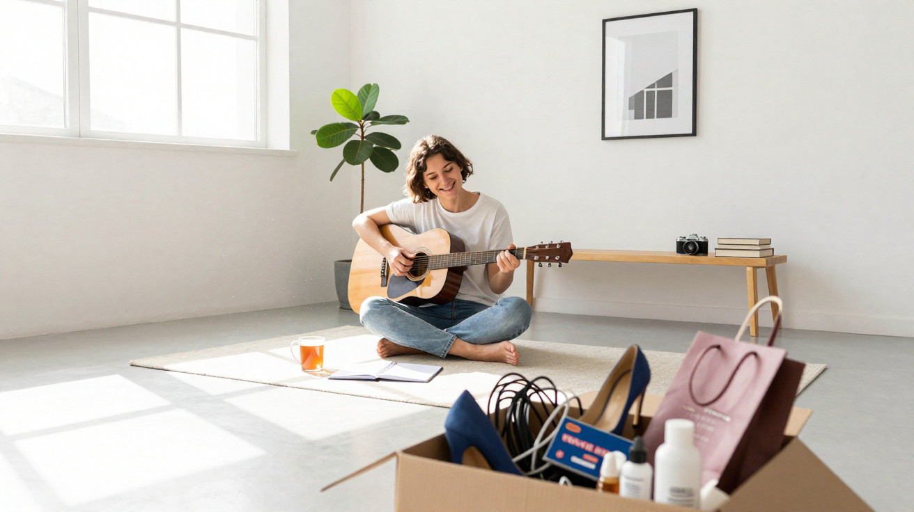 Mulher sentada no chão a tocar guitarra num quarto iluminado com luz natural e caixa de objetos pessoais.