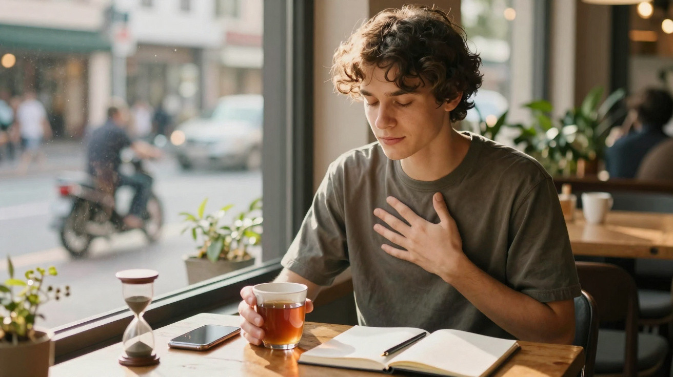 Jovem sentado junto a uma janela, segurando chá e segurando o peito, com livro aberto à sua frente num café.
