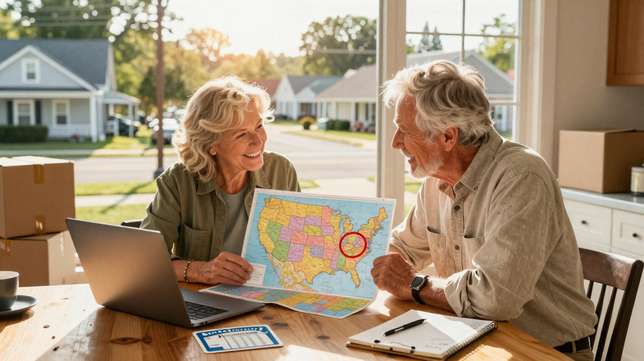 Casal sénior sentado à mesa planeando viagem, com mapa dos EUA e computador portátil aberto.