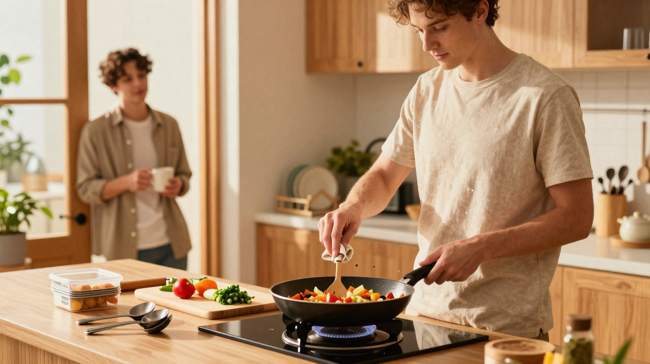 Jovem cozinha legumes numa frigideira enquanto outra pessoa observa com uma chávena na mão, numa cozinha moderna.