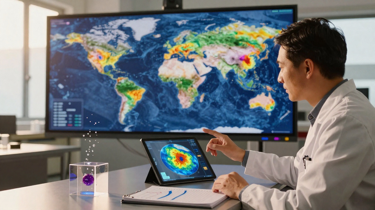 Cientista em bata branca analisa dados meteorológicos digitais com mapa mundial de fenómenos climáticos ao fundo.