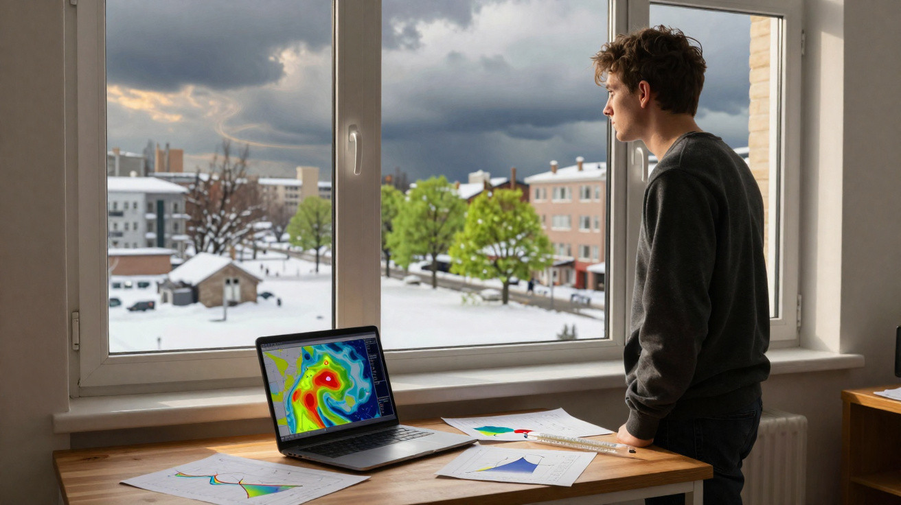Homem observa tornado pelo vidro enquanto analisa mapas meteorológicos numa mesa com neve do lado de fora.