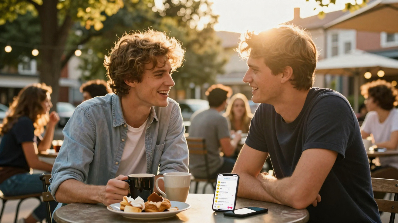 Dois homens sorridentes conversam numa esplanada com café e pastelaria ao entardecer.