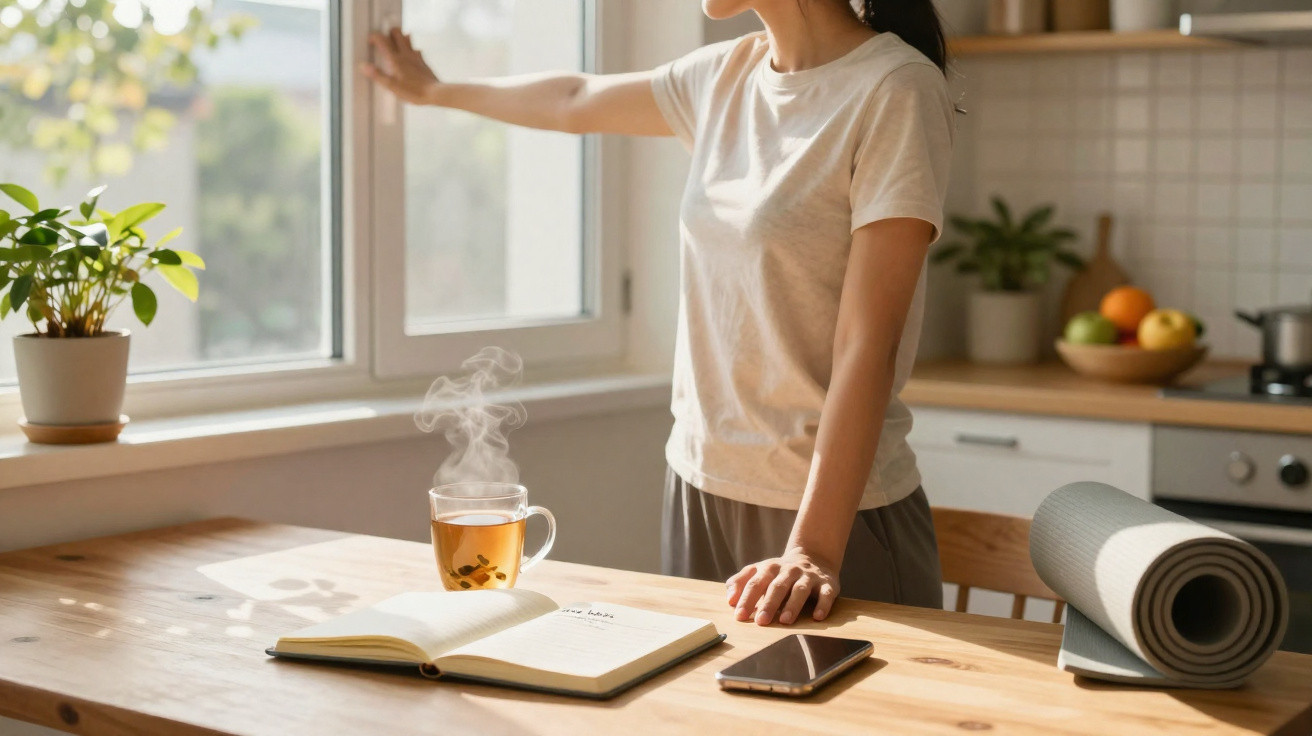 Mulher a abrir janela numa cozinha, com chá quente, agenda, telemóvel e tapete de yoga na mesa.