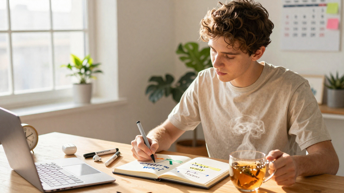 Rapaz a trabalhar num projeto criativo num ambiente luminoso com laptop, chá quente e plantas na secretária.