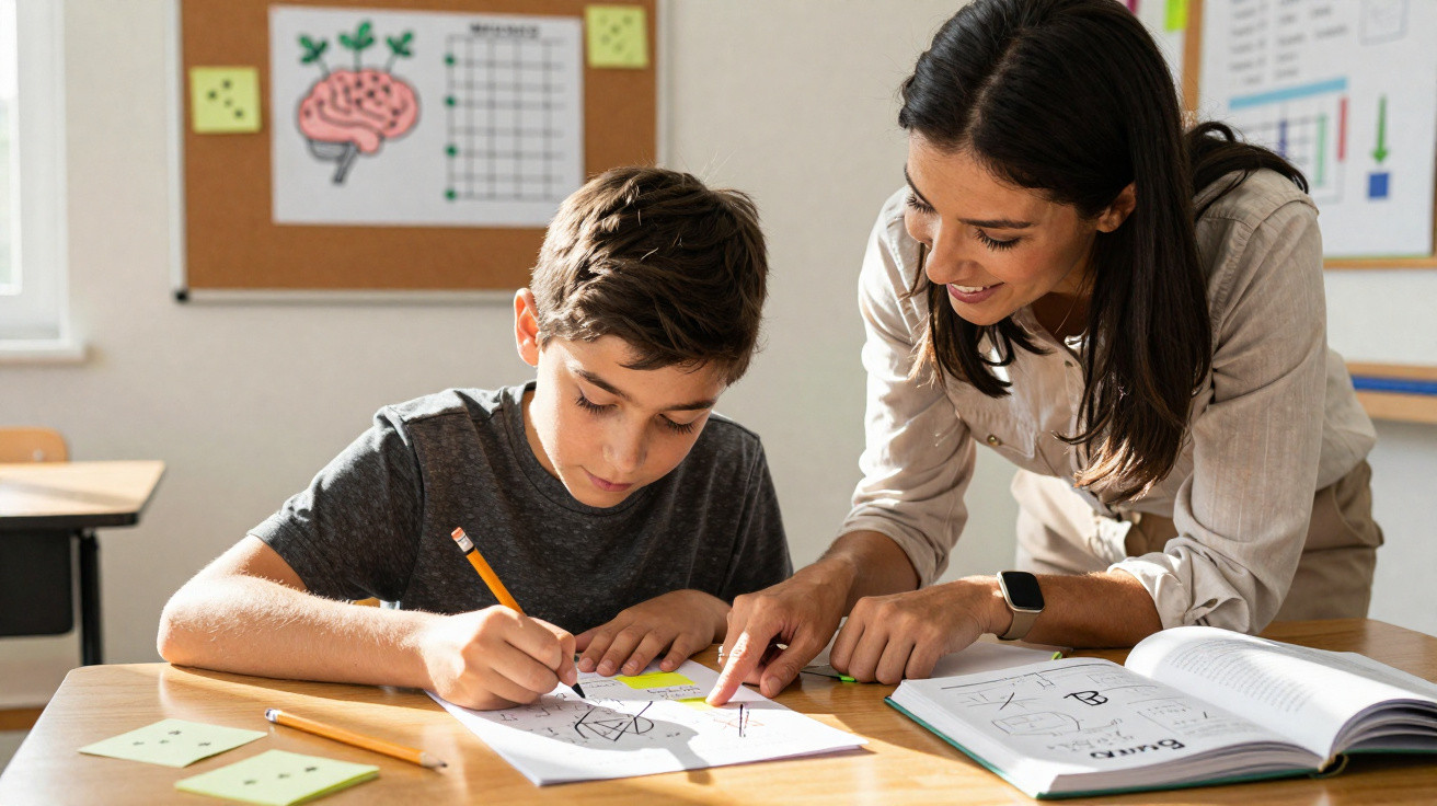 Professora ajuda aluno com atividade de desenho e escrita numa sala de aula luminosa.