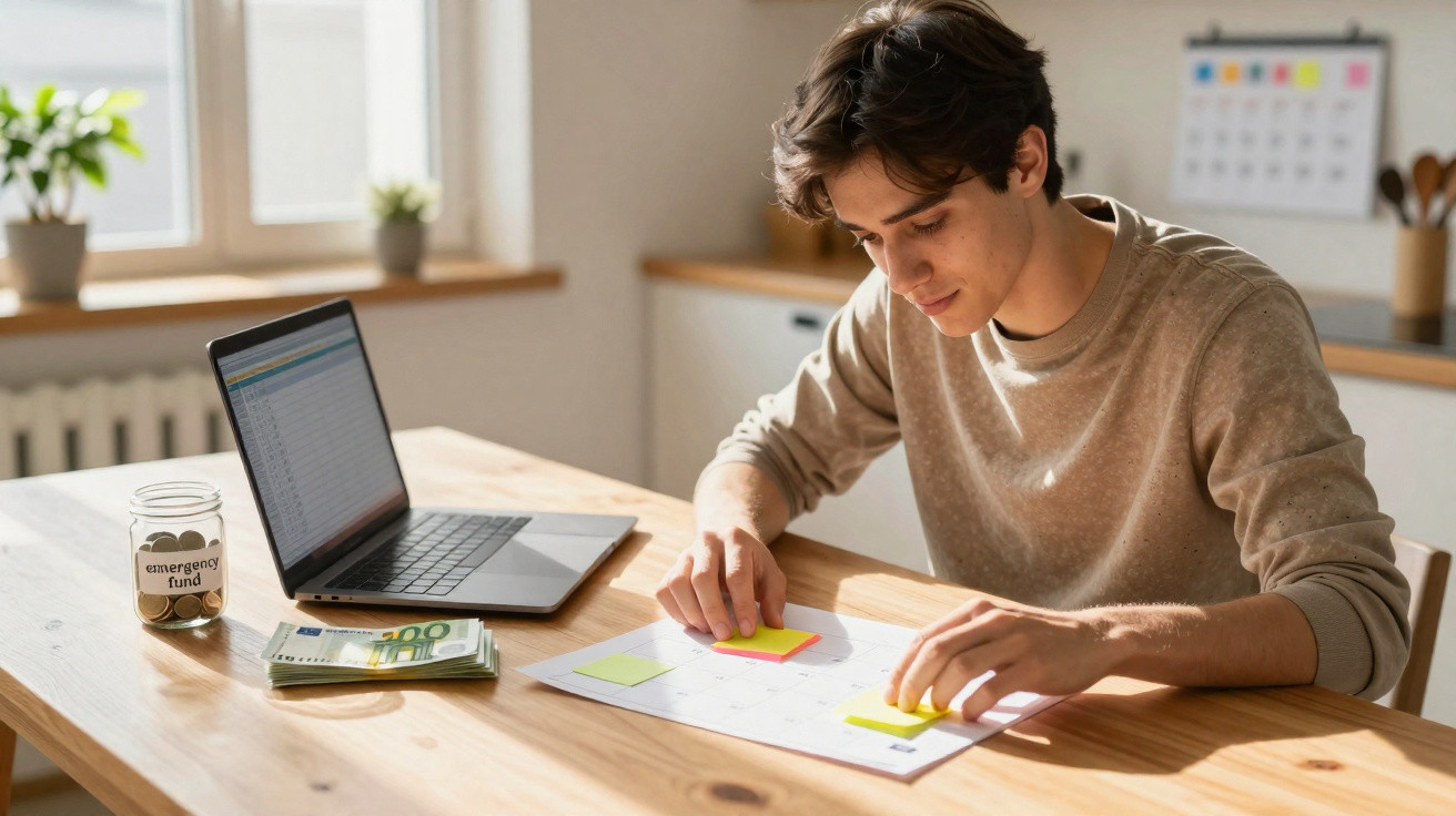 Jovem sentado a organizar notas adesivas num calendário, com laptop, dinheiro e frasco de poupança na mesa.