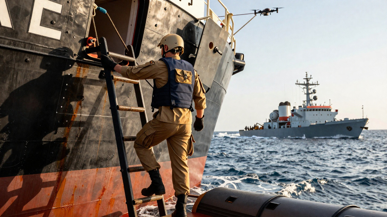 Militar a subir escada de embarque de navio negro no mar, com barco e drone ao fundo.