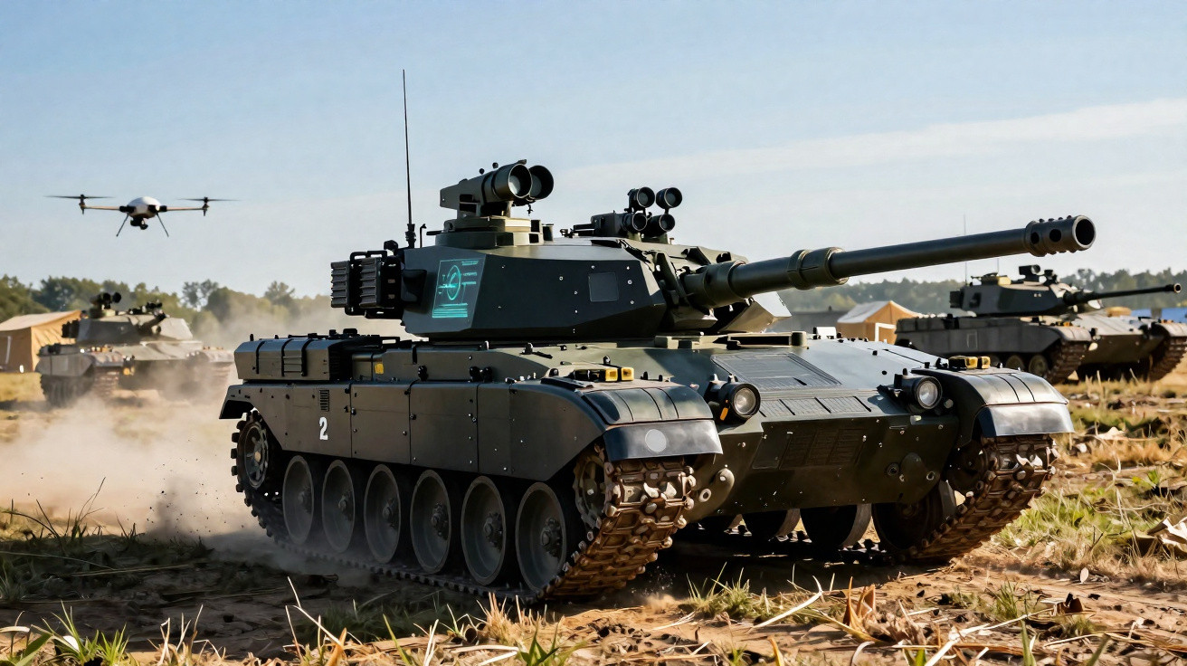 Tanque militar preto com canhão principal longo e drone voador em terreno seco e gramado claro.