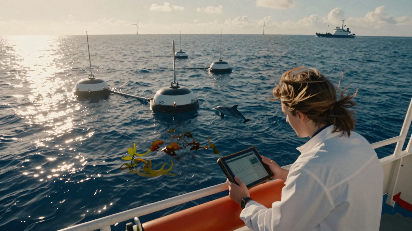 Pessoa a operar equipamento científico num barco perto de bóias, golfinhos e um navio ao longe no oceano.