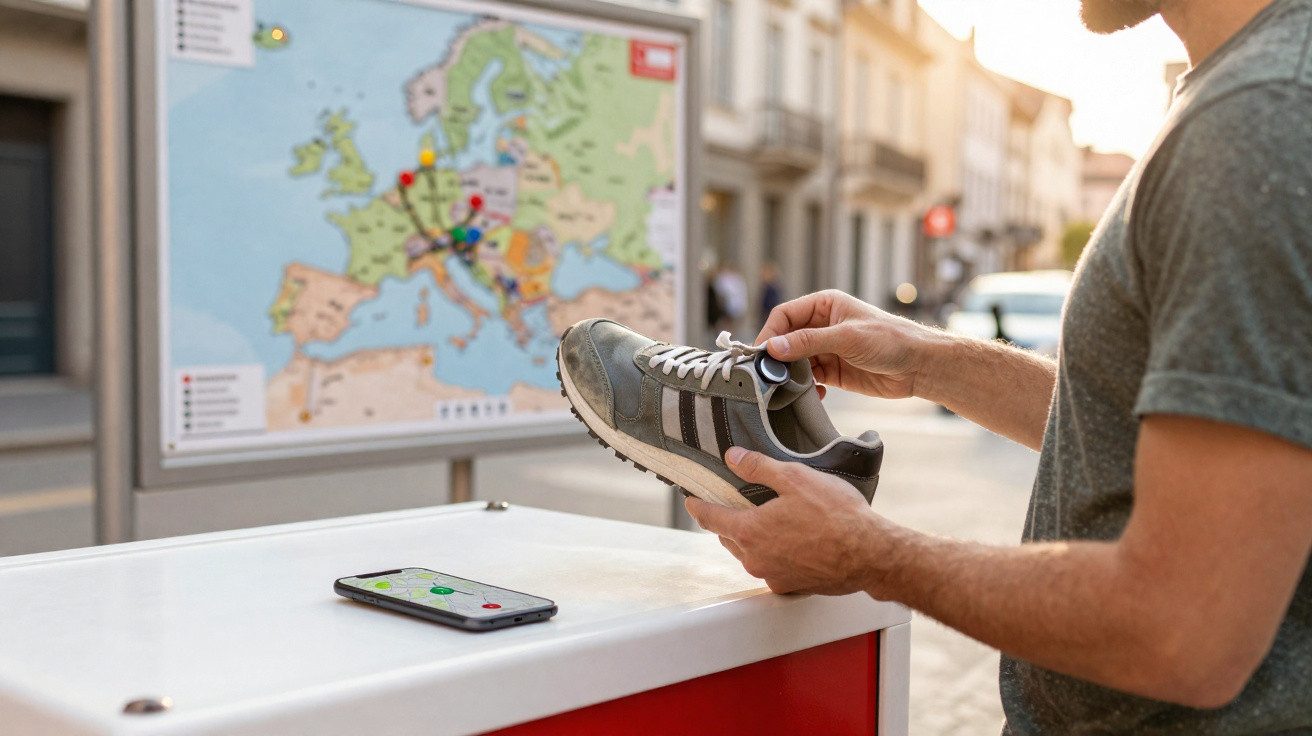 Pessoa coloca dispositivo rastreador em ténis, com mapa da Europa e telemóvel com app de localização numa mesa.