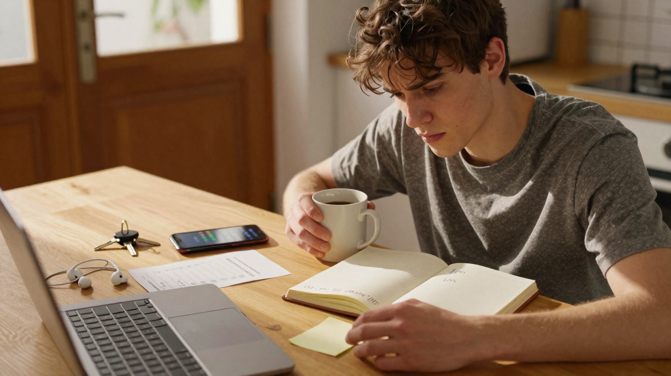 Jovem a estudar concentrado numa agenda, sentado à mesa com computador portátil e materiais de trabalho.