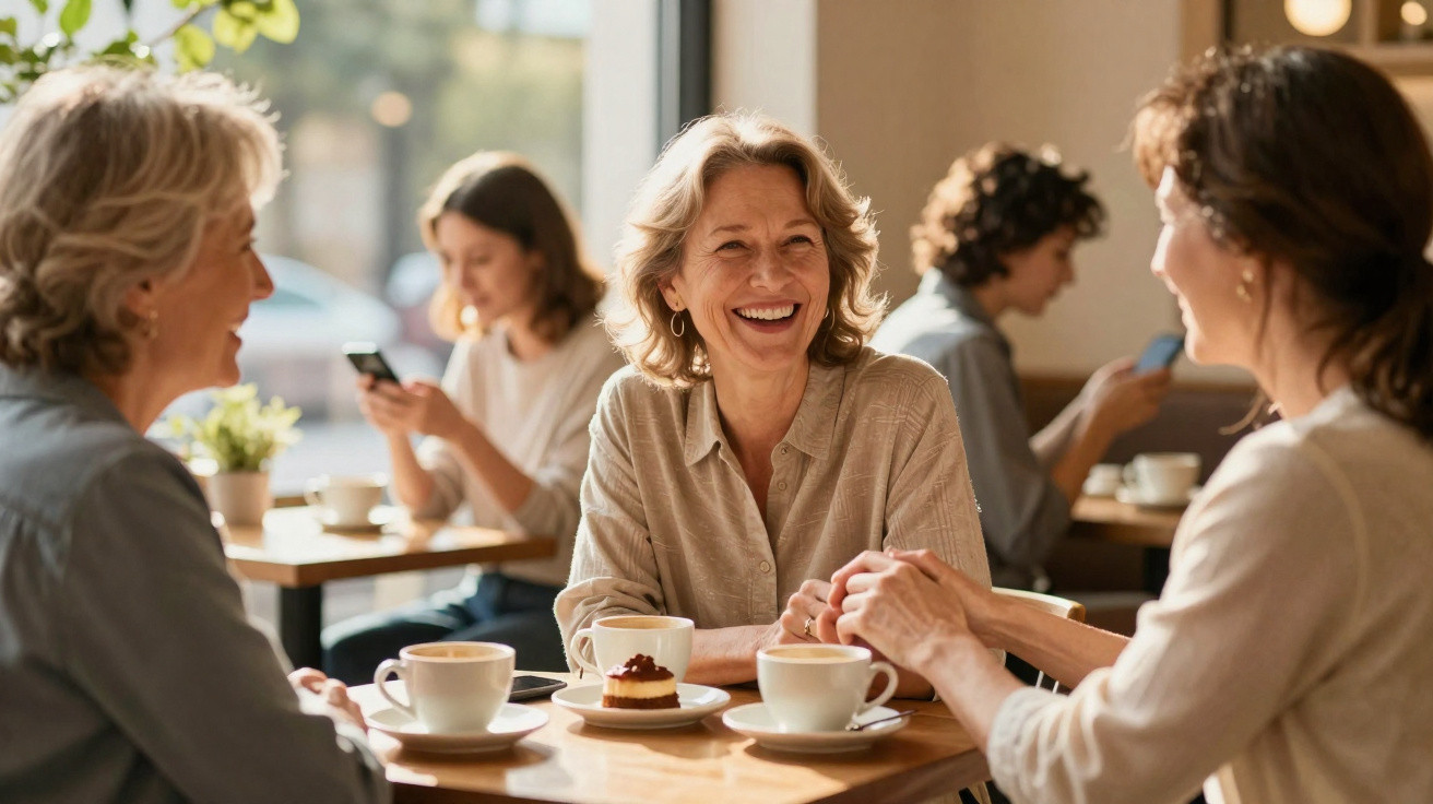 Três mulheres a conversar e sorrir num café, com chávenas e um pedaço de bolo na mesa.