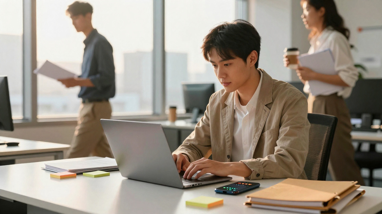 Homem a trabalhar concentrado num computador portátil num escritório moderno com colegas ao fundo.