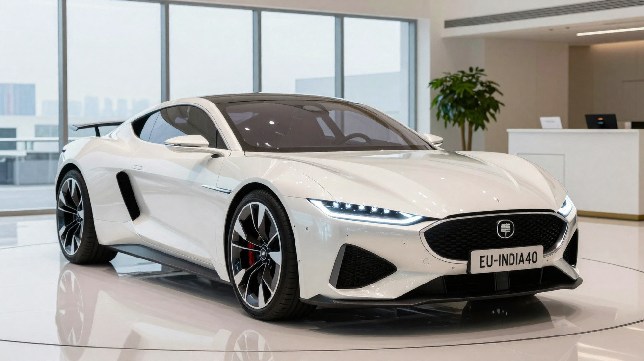 Carro desportivo branco exibido num showroom moderno com janelas grandes e planta decorativa ao fundo.