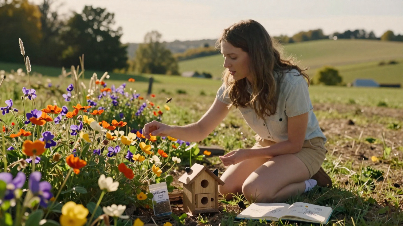Mulher jovem ajoelhada a cuidar de flores coloridas num campo ao fim da tarde, com caixa de madeira e livro aberto.