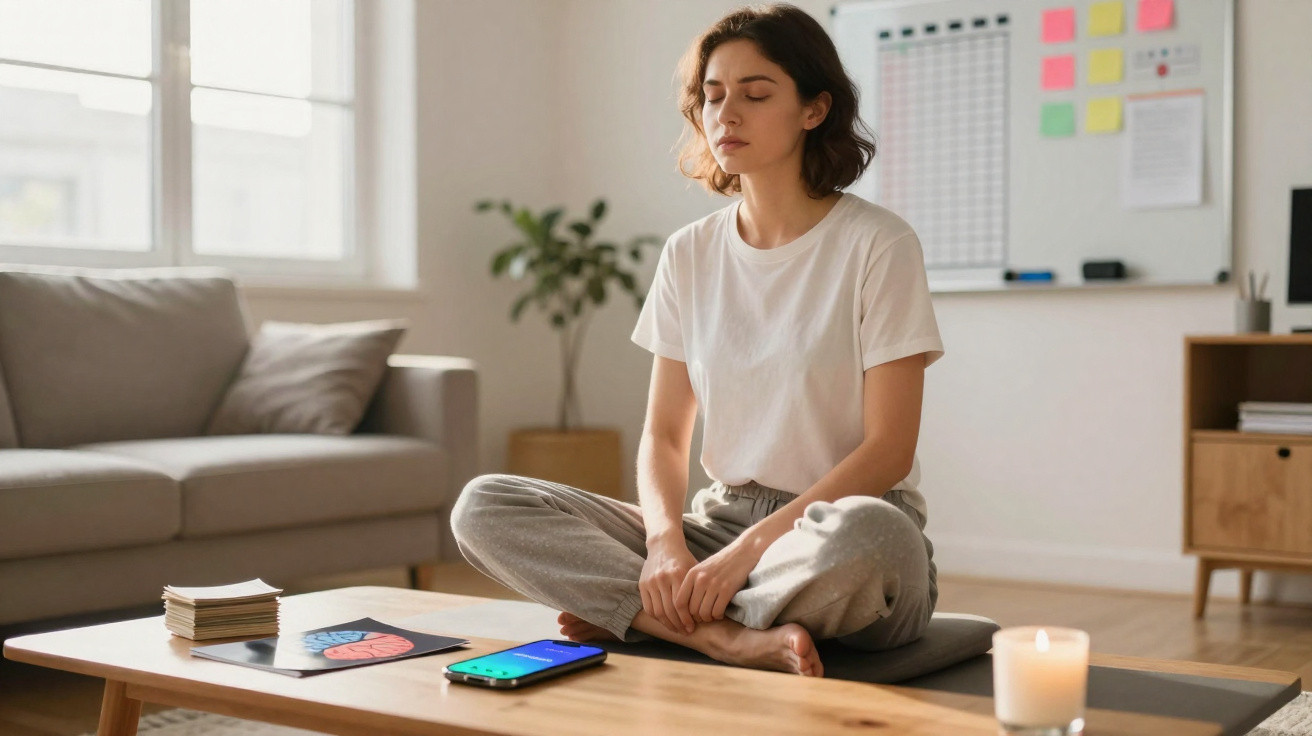 Mulher sentada em posição de lótus a meditar em sala com sofá, vela, dinheiro e quadro de notas.