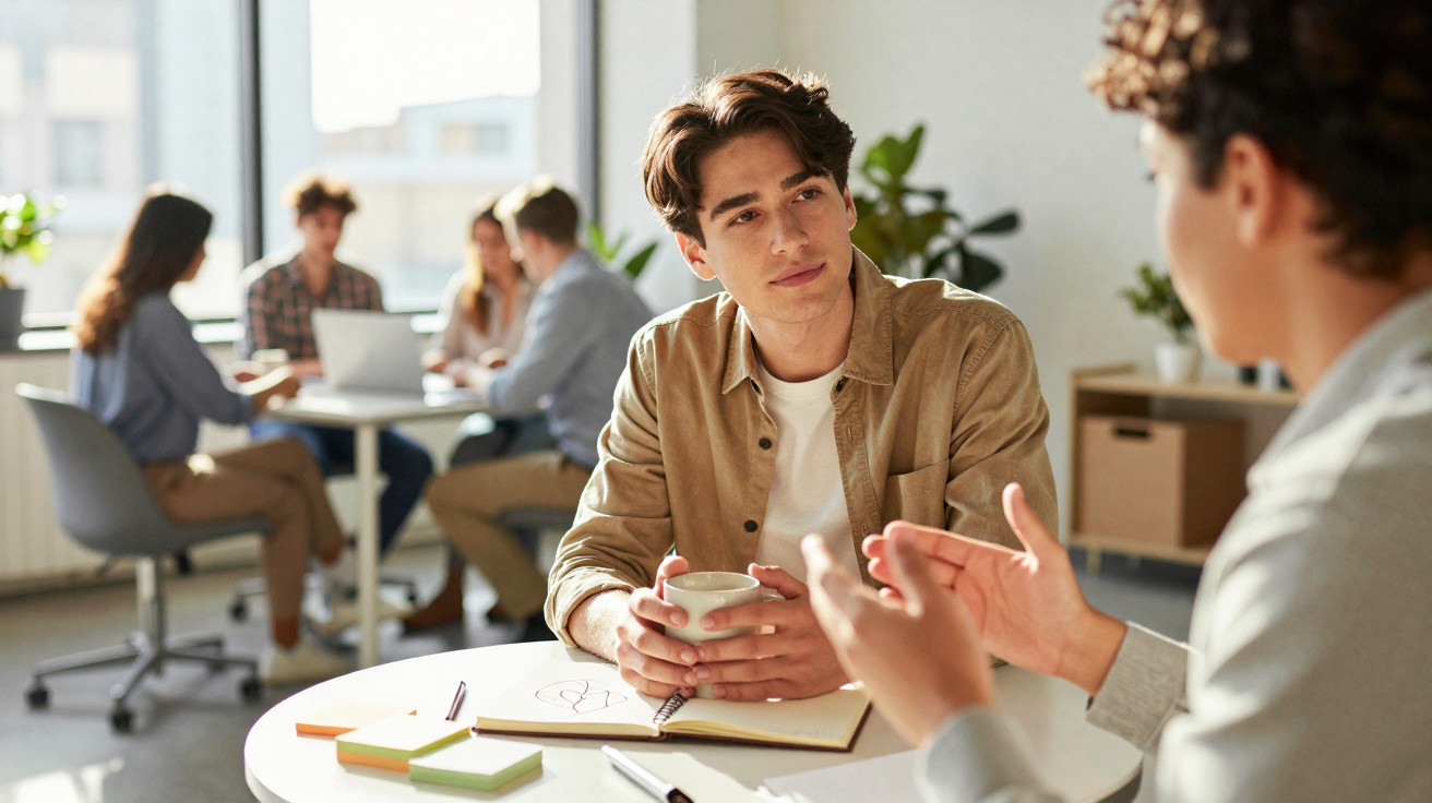 Dois homens conversam sentados à mesa com cadernos e canecas num ambiente de trabalho moderno e iluminado.