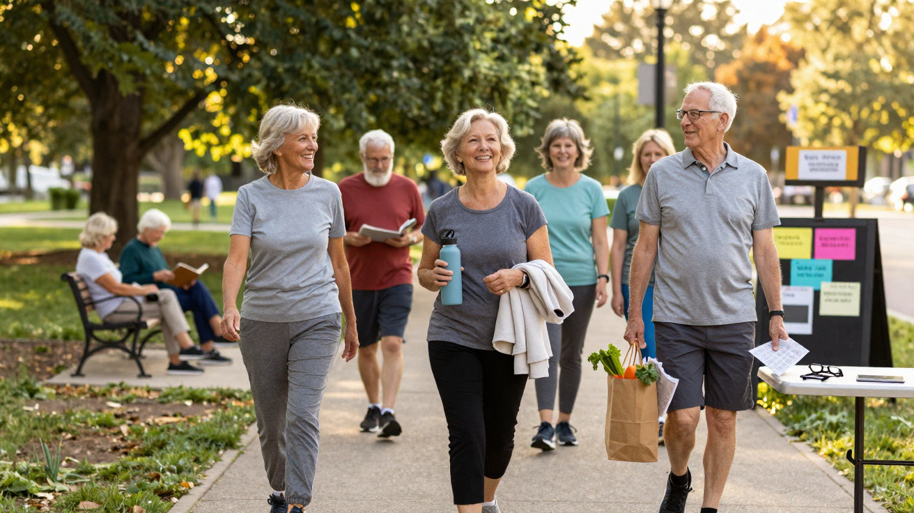 Grupo de séniores felizes a caminhar num parque ensolarado.