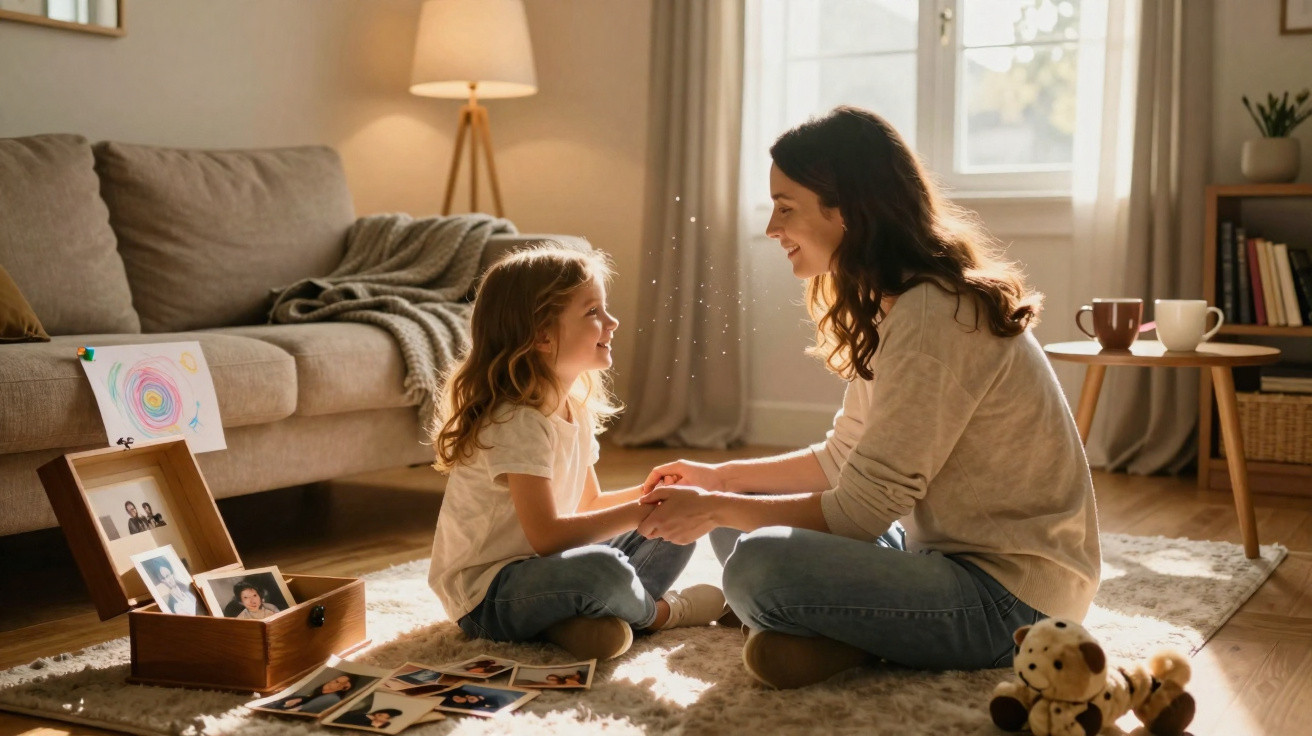 Mãe e filha sorrindo e sentadas no chão da sala acolhedora com brinquedos e fotografias à sua volta.