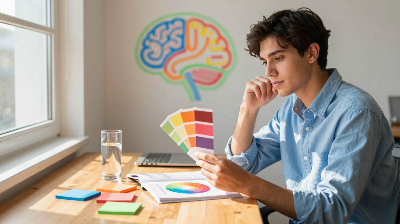 Jovem sentado a estudar, segurando amostras de cores, com mesa organizada e gráfico aberto à sua frente.