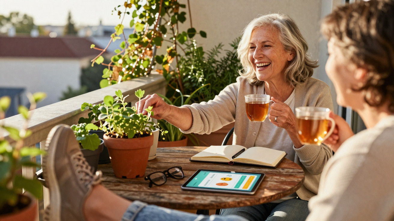 Mulher idosa feliz regando plantas no terraço, com chá, tablet e cadernos numa mesa de madeira.