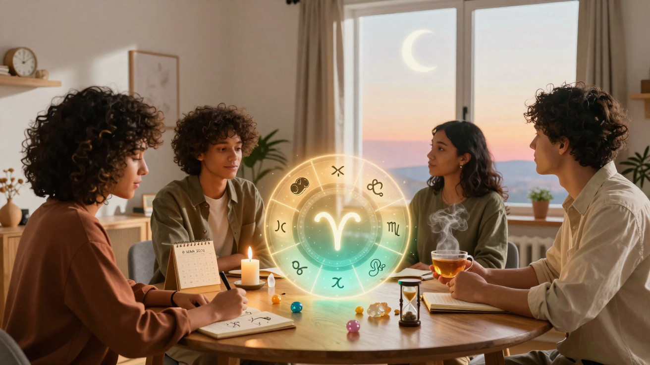 Grupo de quatro pessoas à volta de uma mesa com símbolos de astrologia e vela acesa, ao pôr do sol.