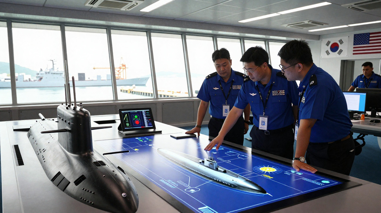 Dois oficiais em uniforme naval analisam modelo e planta digital de um submarino numa sala com janelas grandes.
