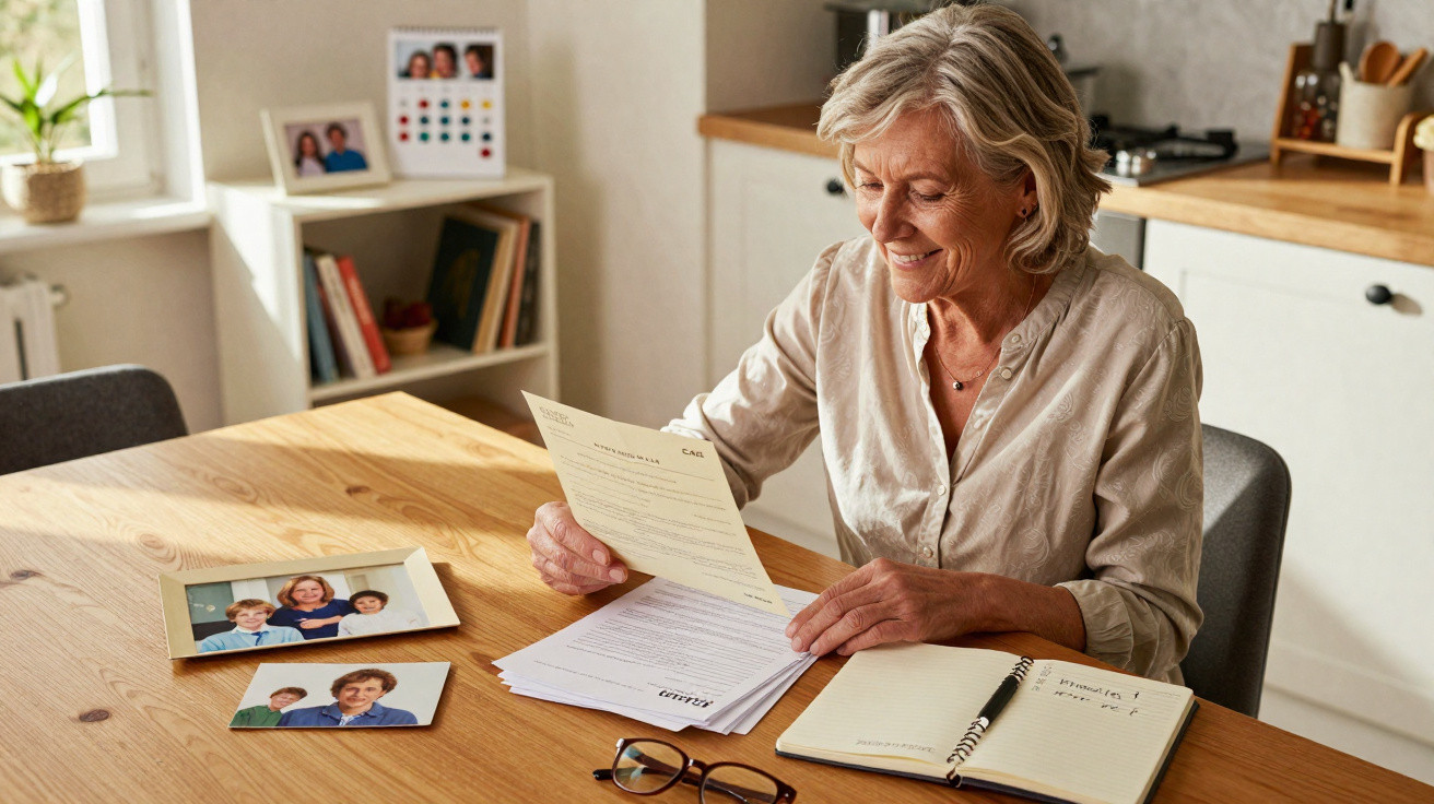 Mulher madura sorridente a ler carta sentada à mesa com fotografias e caderno numa sala iluminada.