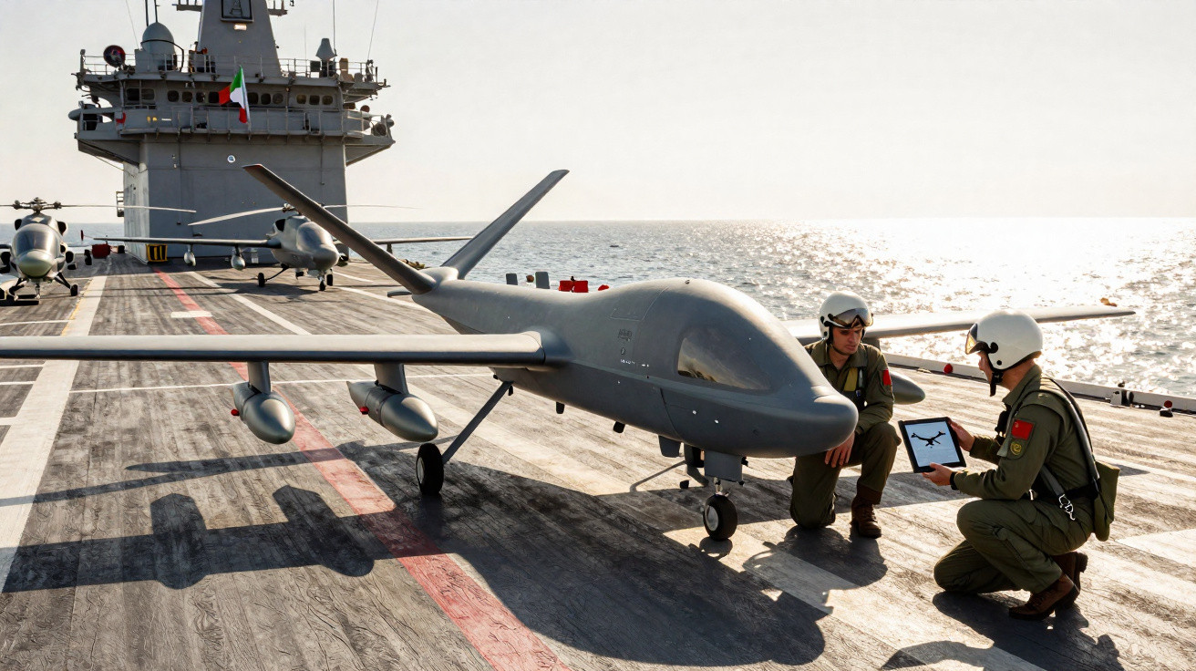 Dois militares verificam um drone militar num porta-aviões com dois helicópteros ao fundo, no mar.