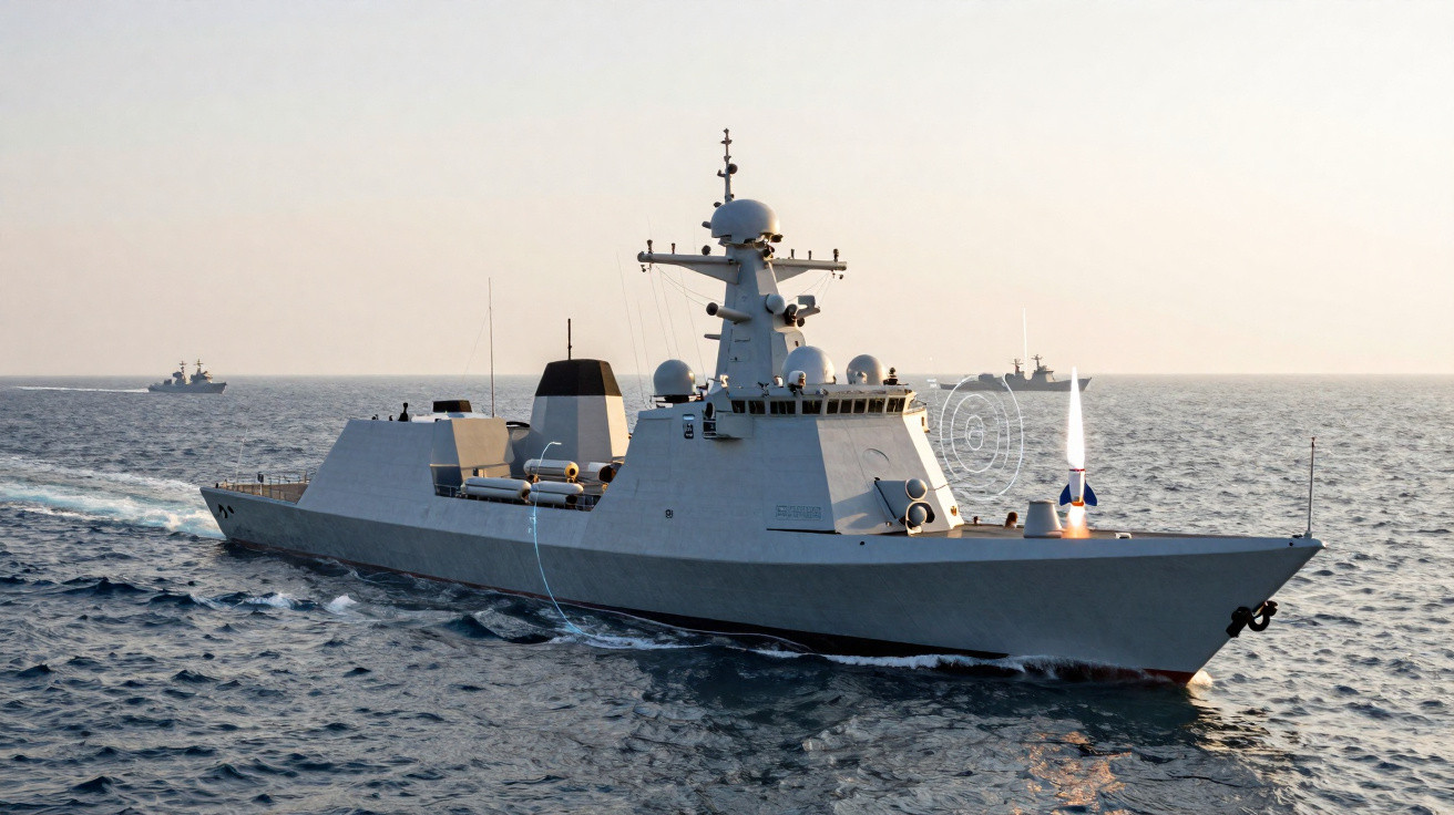 Cruzador naval a disparar míssil durante navegação em mar aberto ao entardecer.