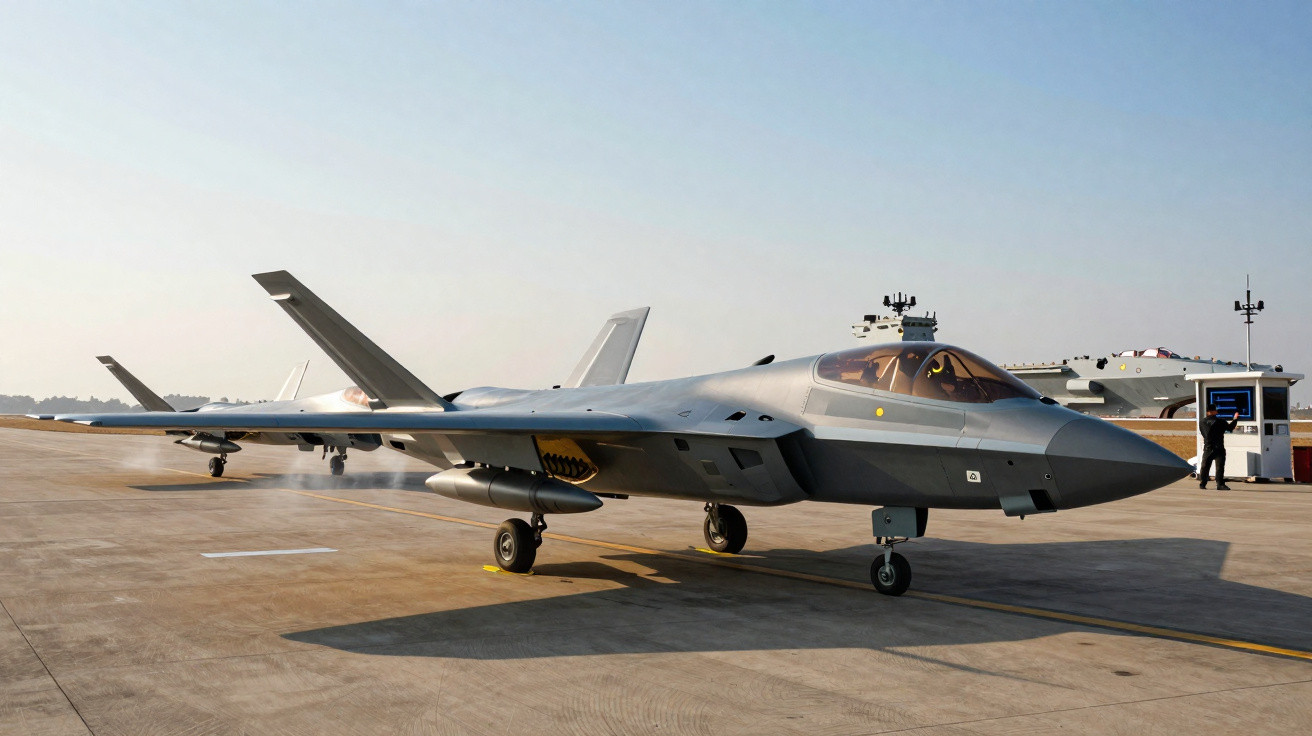 Aviões militares não tripulados estacionados numa pista junto a um porta-aviões e um operador a controlar equipamento.