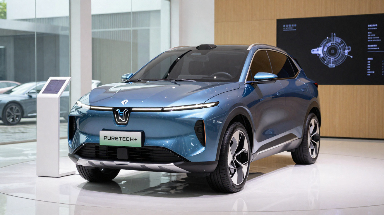 Carro elétrico azul metálico modelo Puretech+ exposto em ambiente interior moderno.