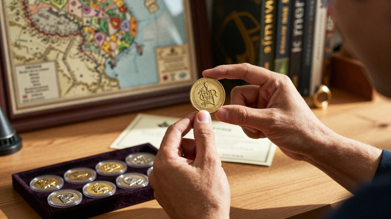 Mãos a segurar uma moeda dourada colecionável, com várias moedas e um certificado numa mesa de madeira.
