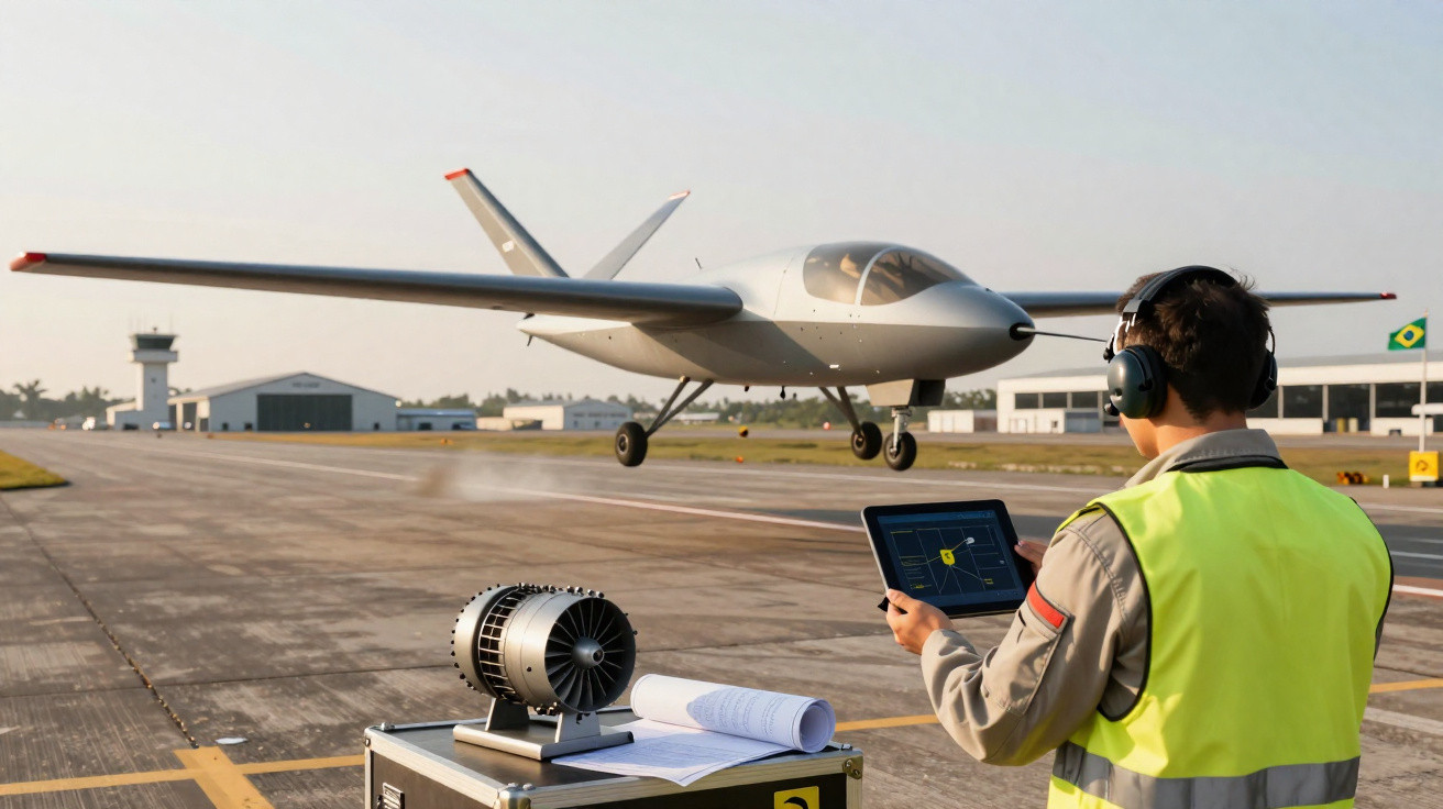 Homem com colete amarelo controla drone de avião num aeroporto ao pôr do sol.