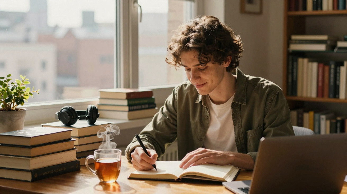 Homem a escrever num caderno à secretária com livros, chá quente e computador portátil.