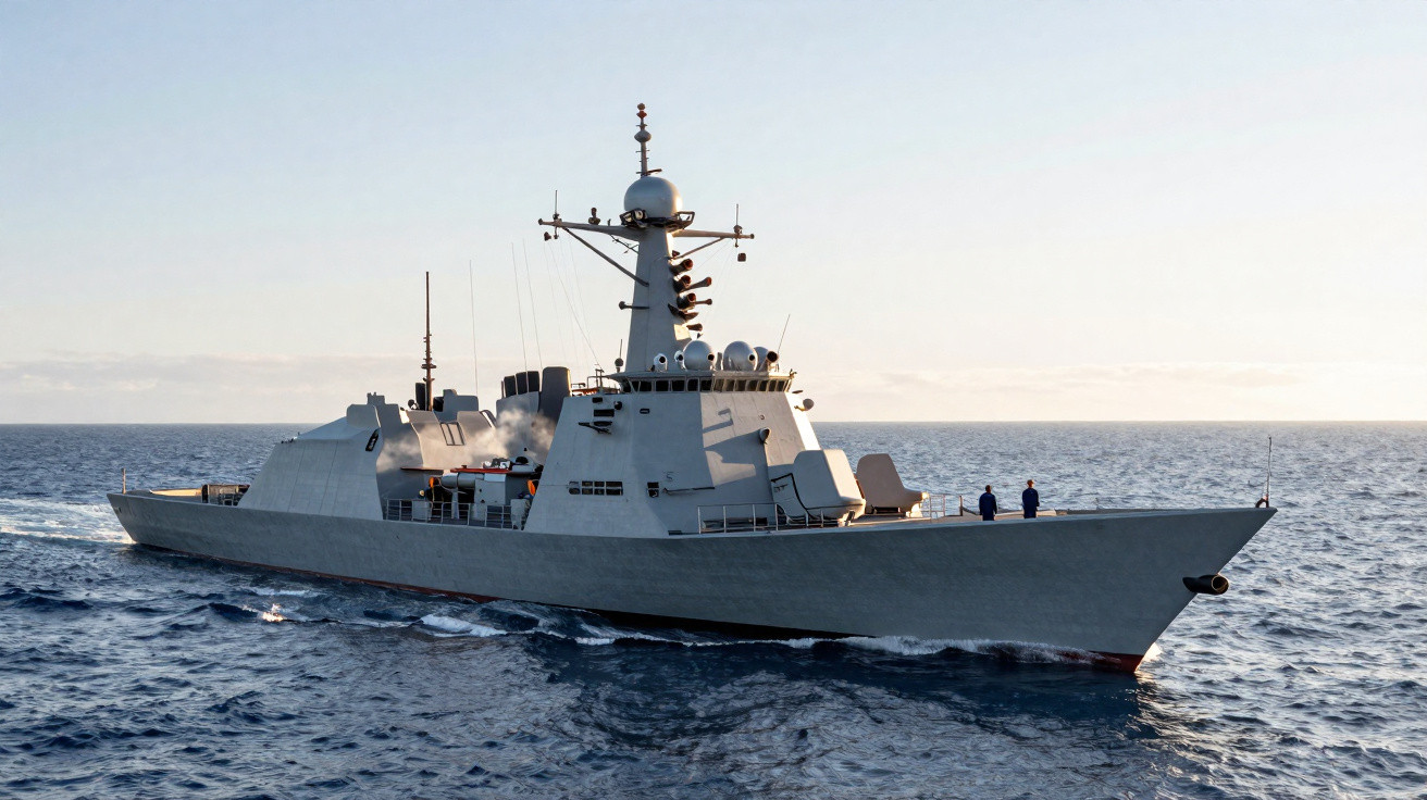 Navio de guerra moderno a navegar no mar sob céu claro ao amanhecer.