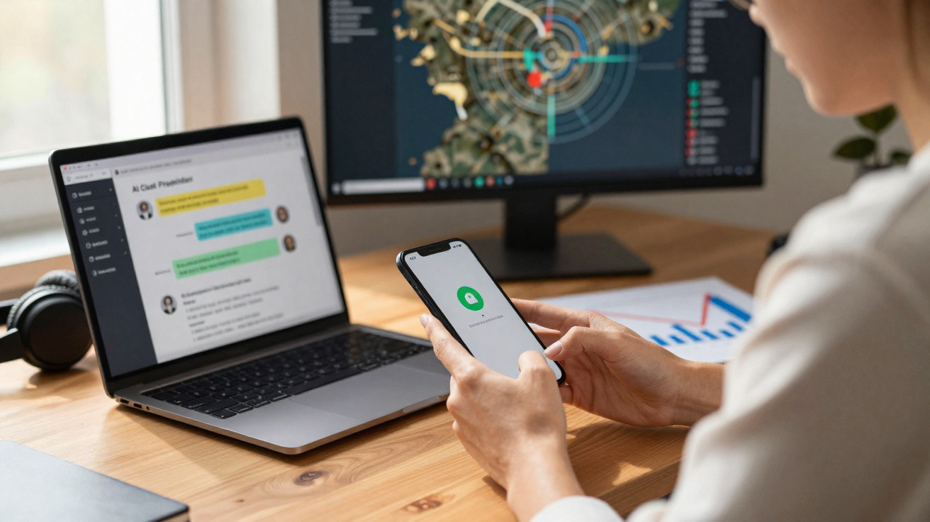 Pessoa a usar telemóvel com ecrã de login, laptop com gráficos, e monitor de computador numa secretária.