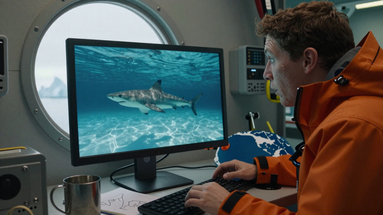 Homem com casaco laranja observa tubarão na tela de computador dentro de submarino.