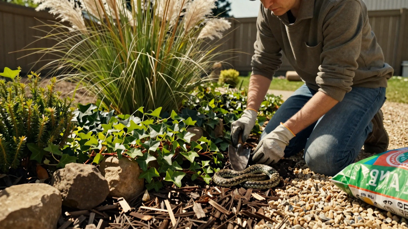 Pessoa a jardinar entre pedras, plantas e relva, usando luvas e ferramentas de jardinagem.