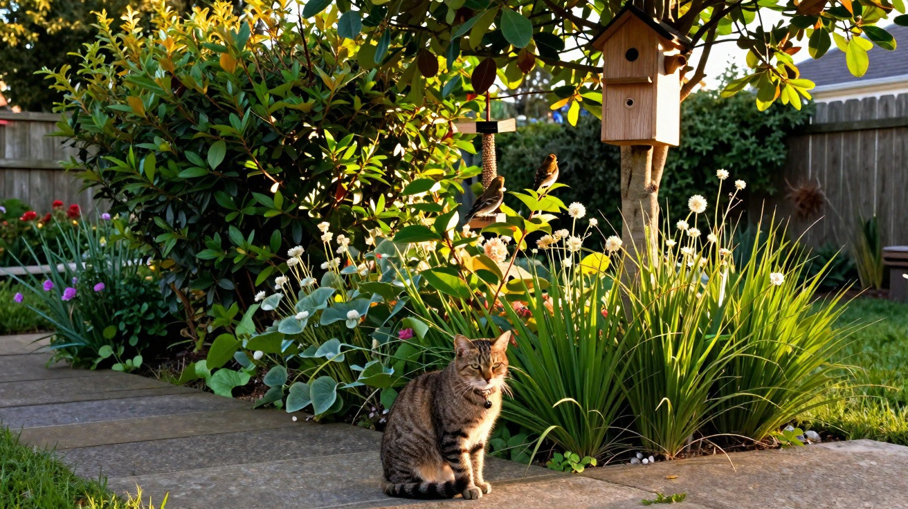 Gato sentado no jardim ao lado de plantas verdes e dois poleiros de pássaros pendurados numa árvore.