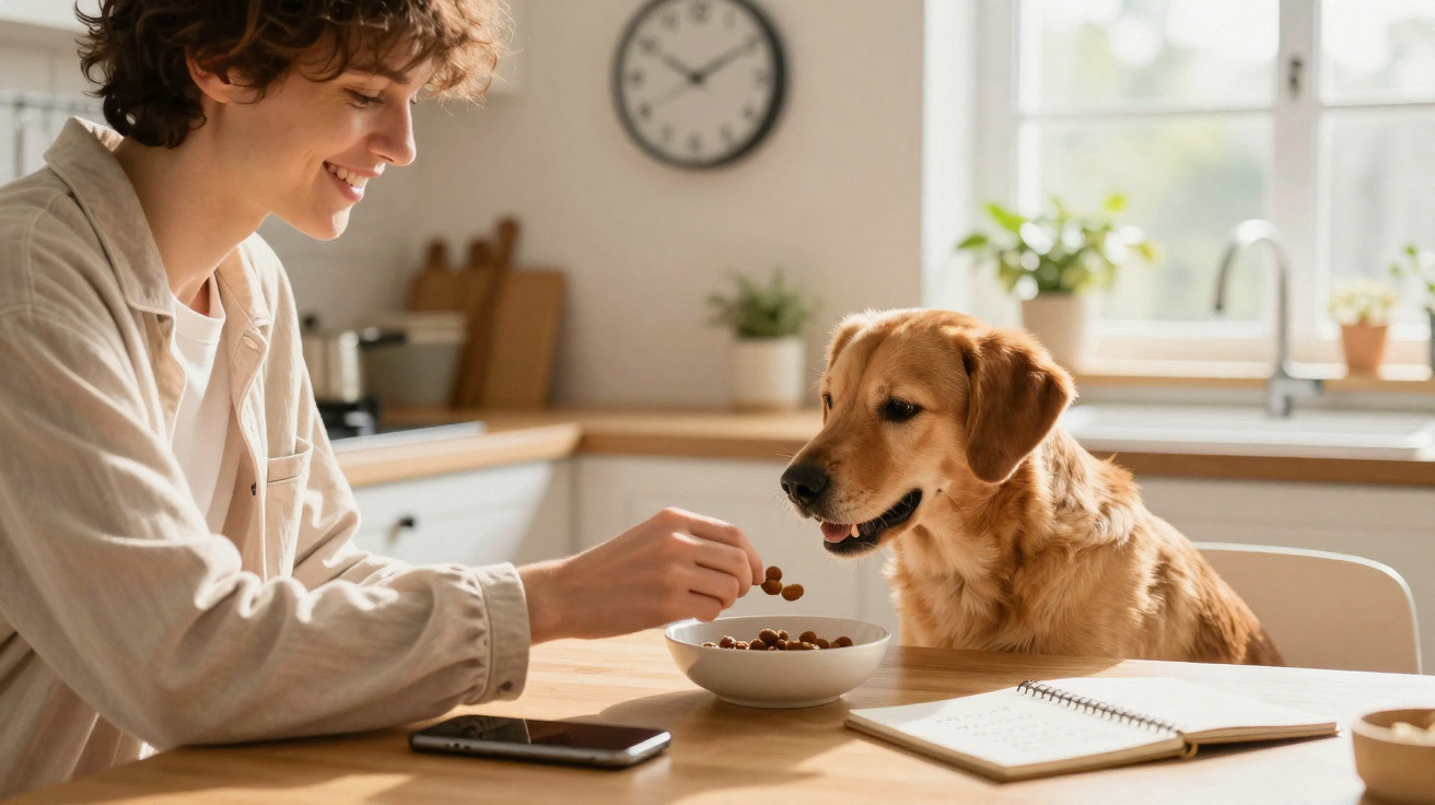 Mulher alimenta dois cães Golden Retriever sentados à mesa numa cozinha luminosa e acolhedora.