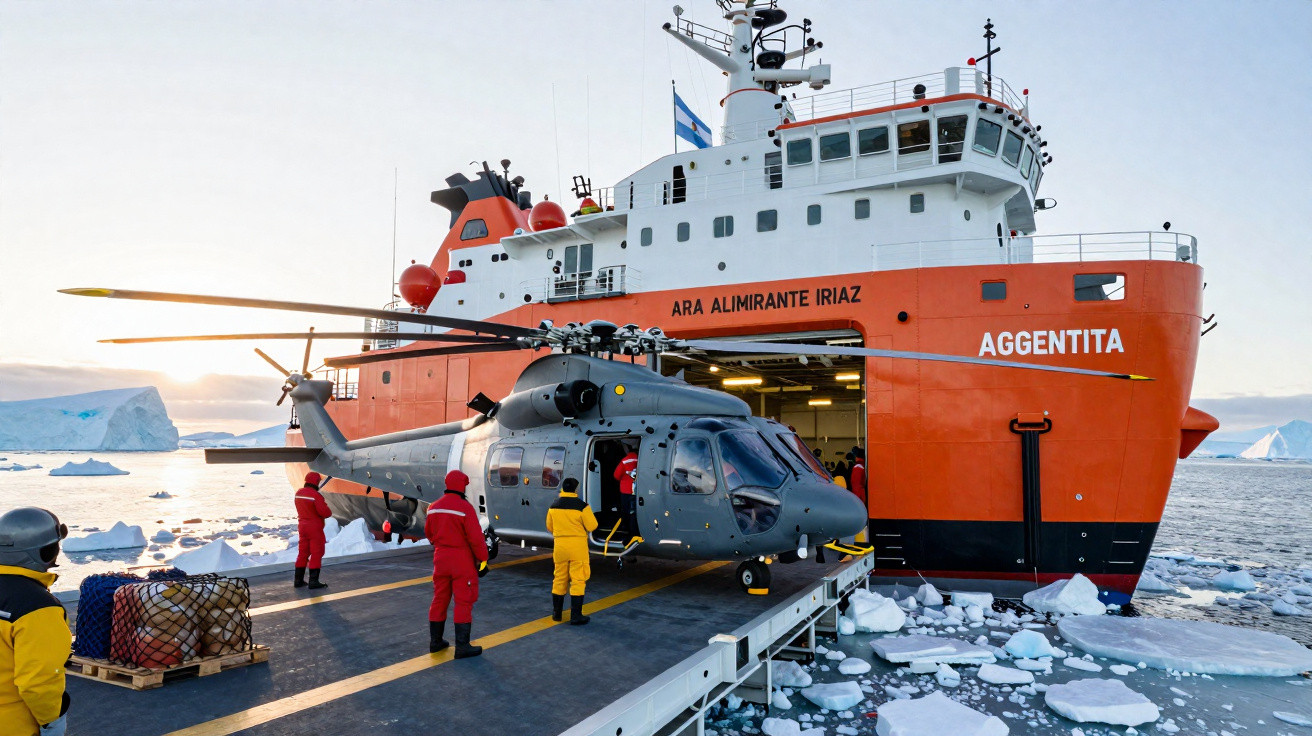 Helicóptero cinzento com tripulação em fatos vermelhos e amarelos ao lado de navio de investigação laranja no gelo.